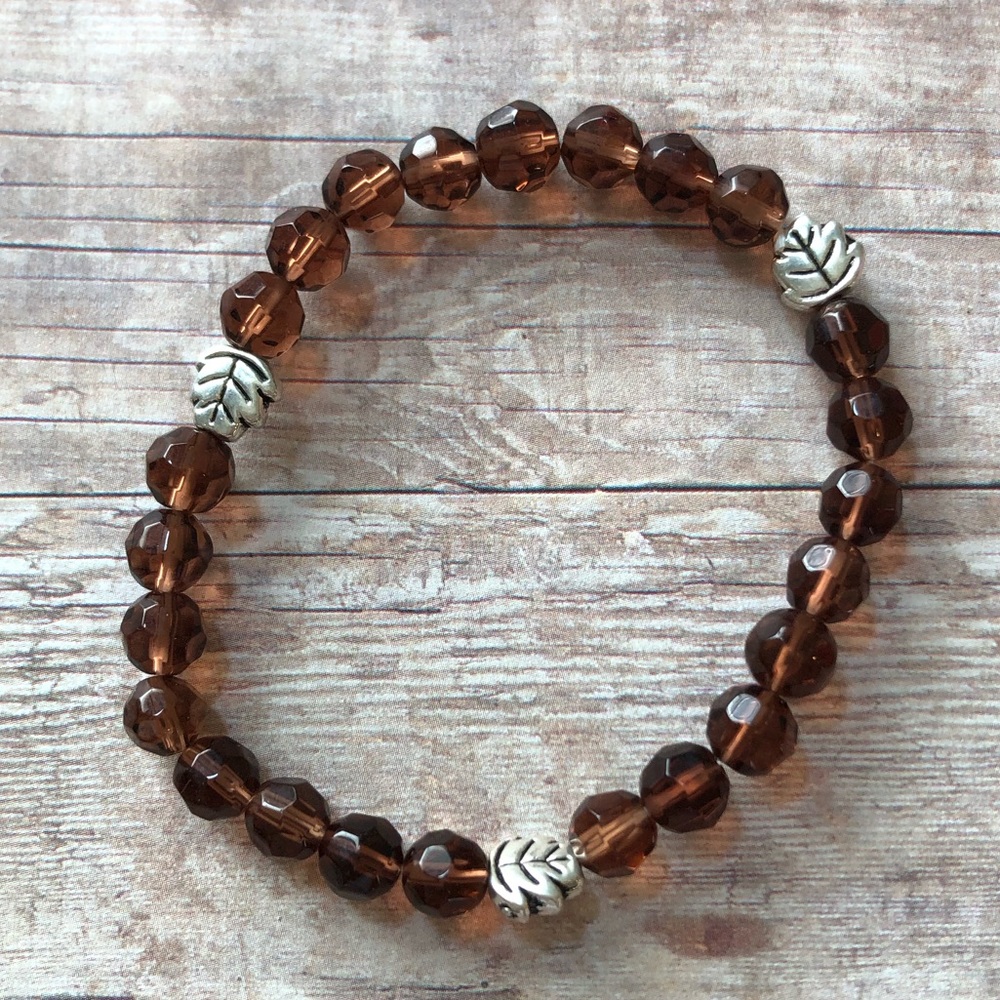 Autumn inspired brown bead and leaf bracelet